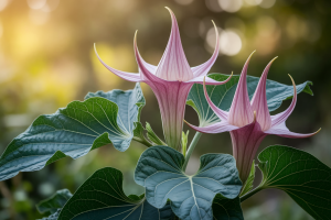 datura-fleurs-trompette-feuilles-vertes-jardin-flou