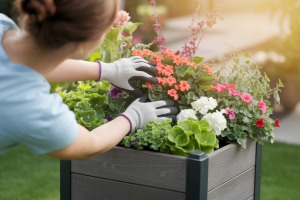 mains-gantees-plantes-jardiniere-bois