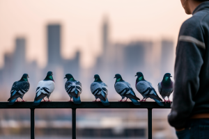personne-balcon-pigeons-ville-floue