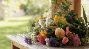 bouquet-fleurs-table-bois-jardin-verdoyant