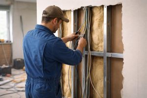 artisan-bleu-travail-cables-cloison-chantier