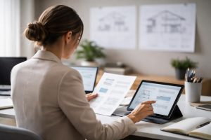 personne-dos-documents-tablette-mur-plans
