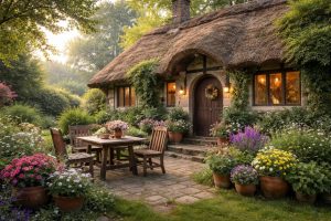 chaumiere-verdure-pots-fleurs-mobilier-bois