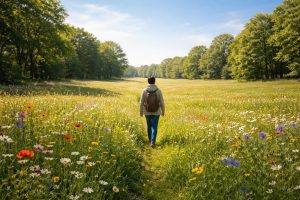 terrain-verdoyant-fleurs-arbres-personne-de-dos