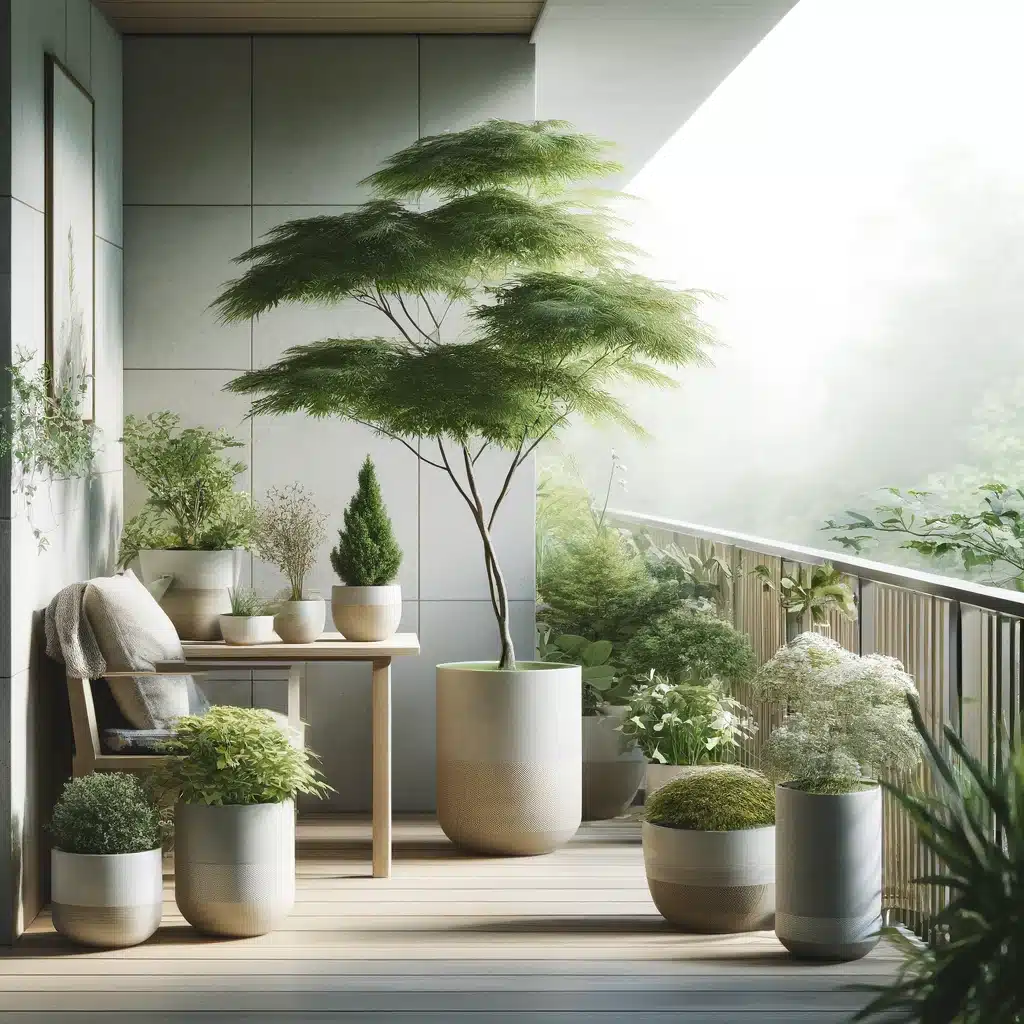 Balcon vert avec acer palmatum et pots gris galet de taille adaptées aux plantes