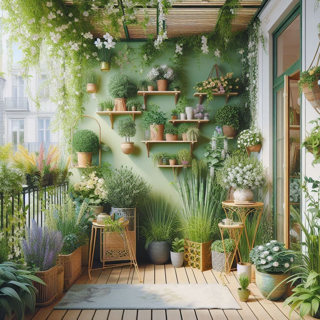 plantes colorées et grimpantes sur balcon aménagé