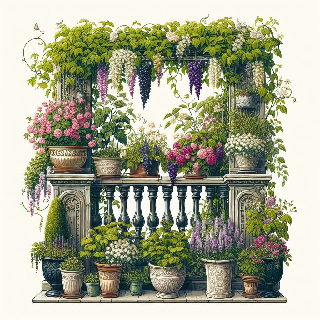 balcon avec plantes grimpantes fleuris et gourmandes avec des fruits